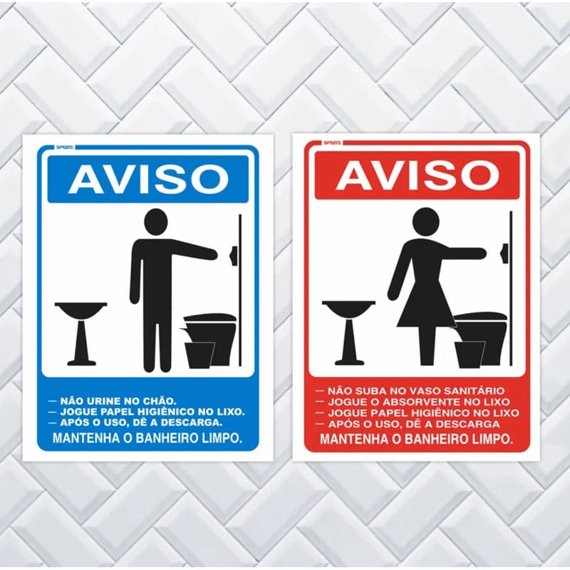 Kit 2 Placas Sinalização Banheiro Feminino Masculino Com Regras