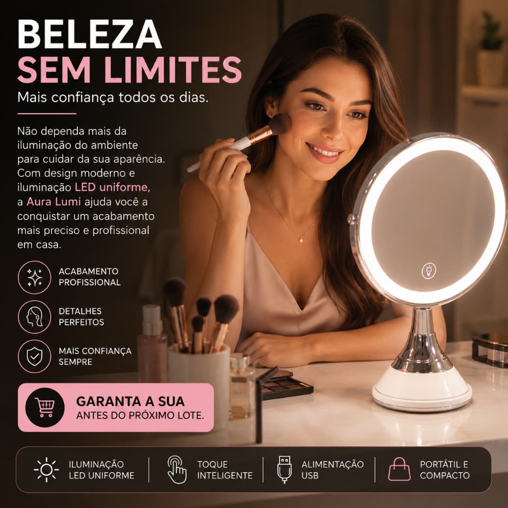 Espelho de Maquiagem LED Redondo Aura Lumi USB Toque Luz Regulável Mesa Portátil