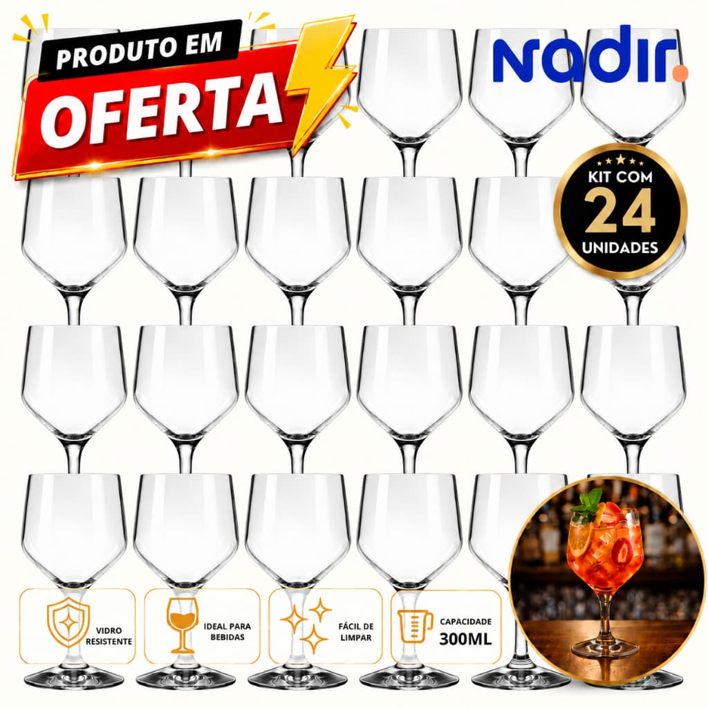 Kit Jogo 24 Taças Multiuso Sm Buffet Vidro Resistente 300ml Água Drinks Conjunto Nadir