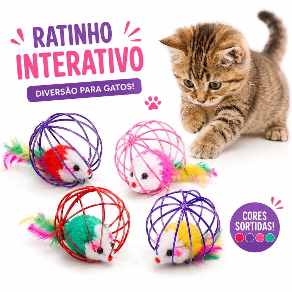 Brinquedo Interativo para Gatos Ratinho na Bolinha com Penas Brinquedo de Caça Antiestresse Cor Sortida