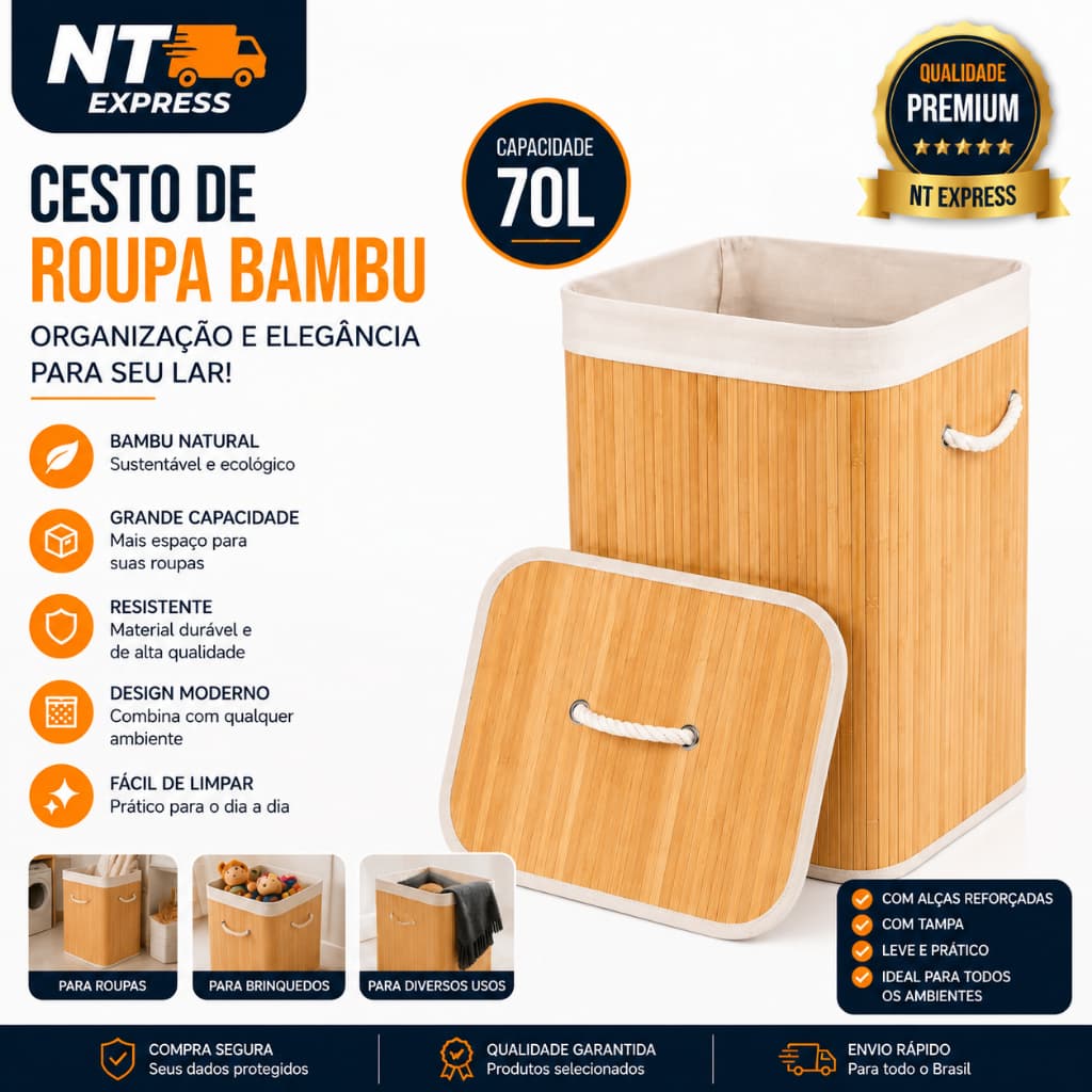 Cesto Organizador Bambu Com Tampa 70 Litros Alcas Grande Resistente