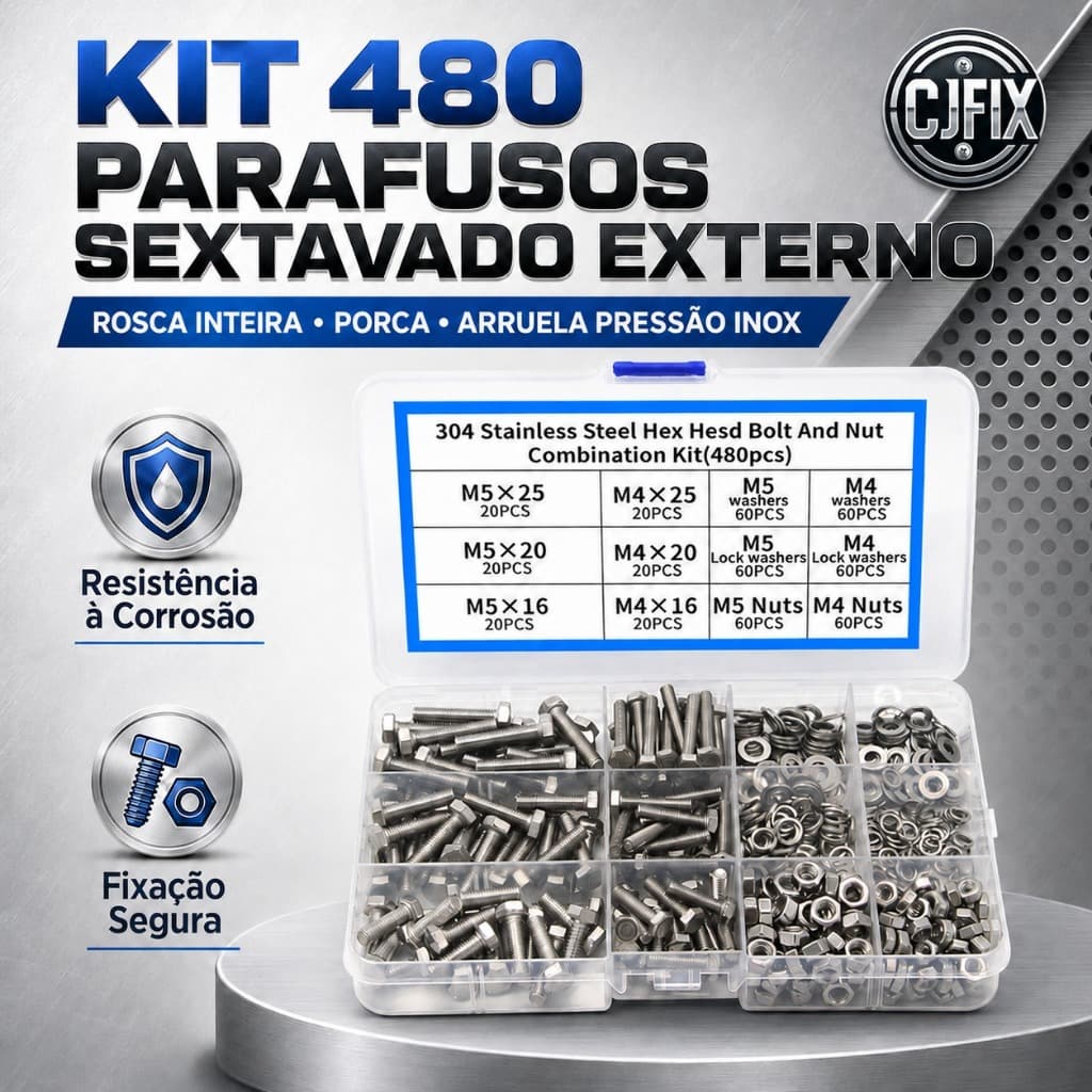 KIT 480 PARAFUSOS SEXTAVADO EXTERNO ROSCA INTEIRA PORCA ARRUELA PRESSAO INOX