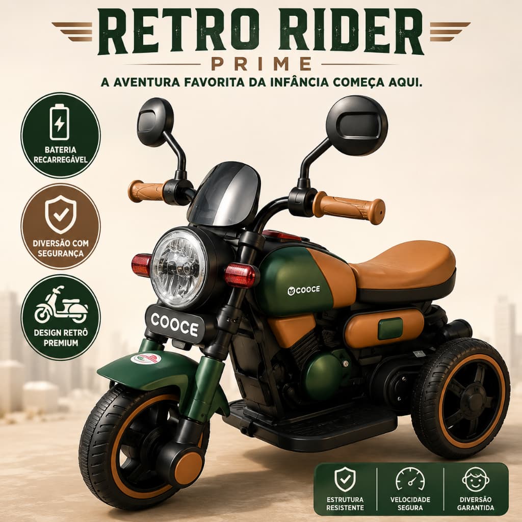 Moto Elétrica Infantil Verde 3 Rodas Recarregável Retrô com Luzes LED para Crianças