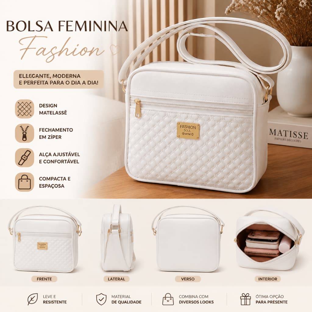 Bolsa Fashion Feminina  Casual Elegante com Zíper
