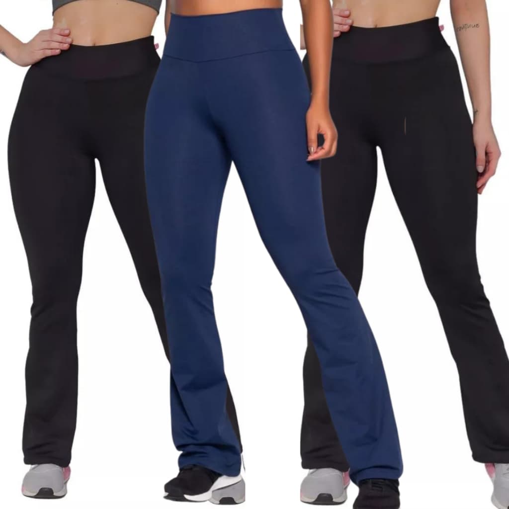 Kit 3 Legging Leg Flare Feminina Boca de Sino Bailarina Suplex Levanta bumbum Preto Azul e Cinza