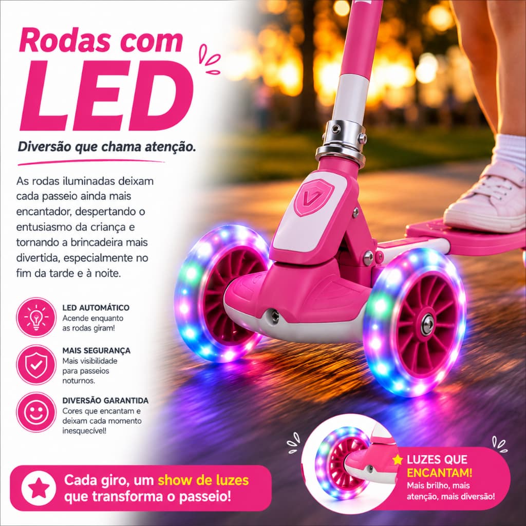 Patinete Infantil Rosa 3 Rodas Dobrável com Rodas LED Guidão Ajustável Pink Veloce™
