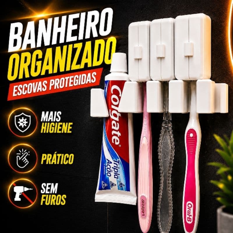 Kit Porta Escova E Pasta De Dente Suporte Parede + 4 Capas Protetoras Higiênicas Banheiro Sem Furar Parede PRETO BRANCO