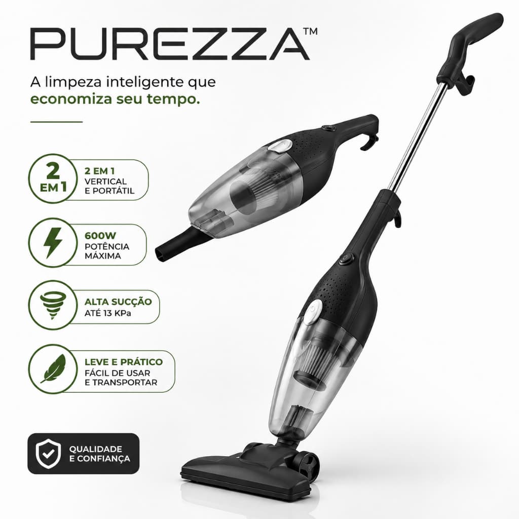 Aspirador de Pó Vertical 2 em 1 600W Portátil Alta Sucção Casa, Sofá, Carro , Com Fio