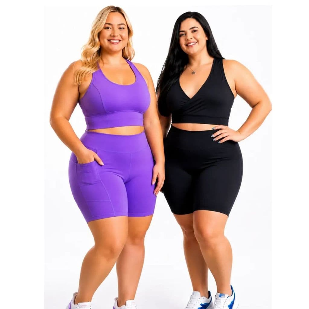 Kit 2 Conjuntos Academia Feminino Plus Size Suplex Cintura Alta Top e Short Fitness zero Transparencia com bolso