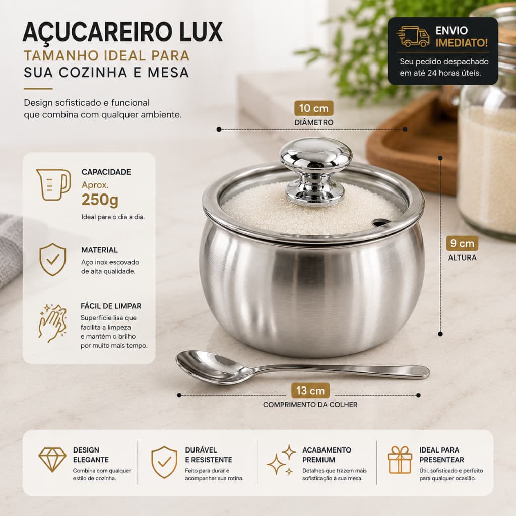Açucareiro Lux 10x9 Com Colher Inox Tampa Vidro Temperado Puxador Cromado Resistente