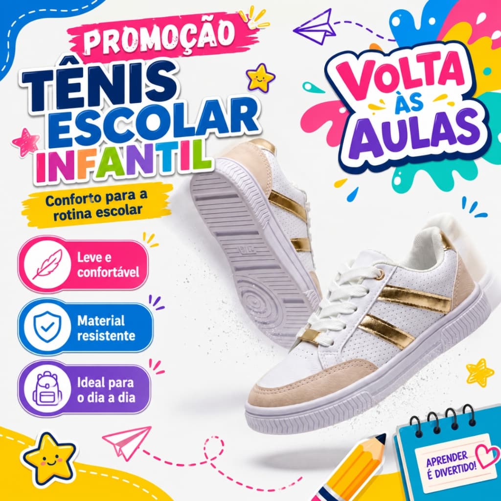 Sapato infantil casual moderno branco confortável leve com design elegante e versátil