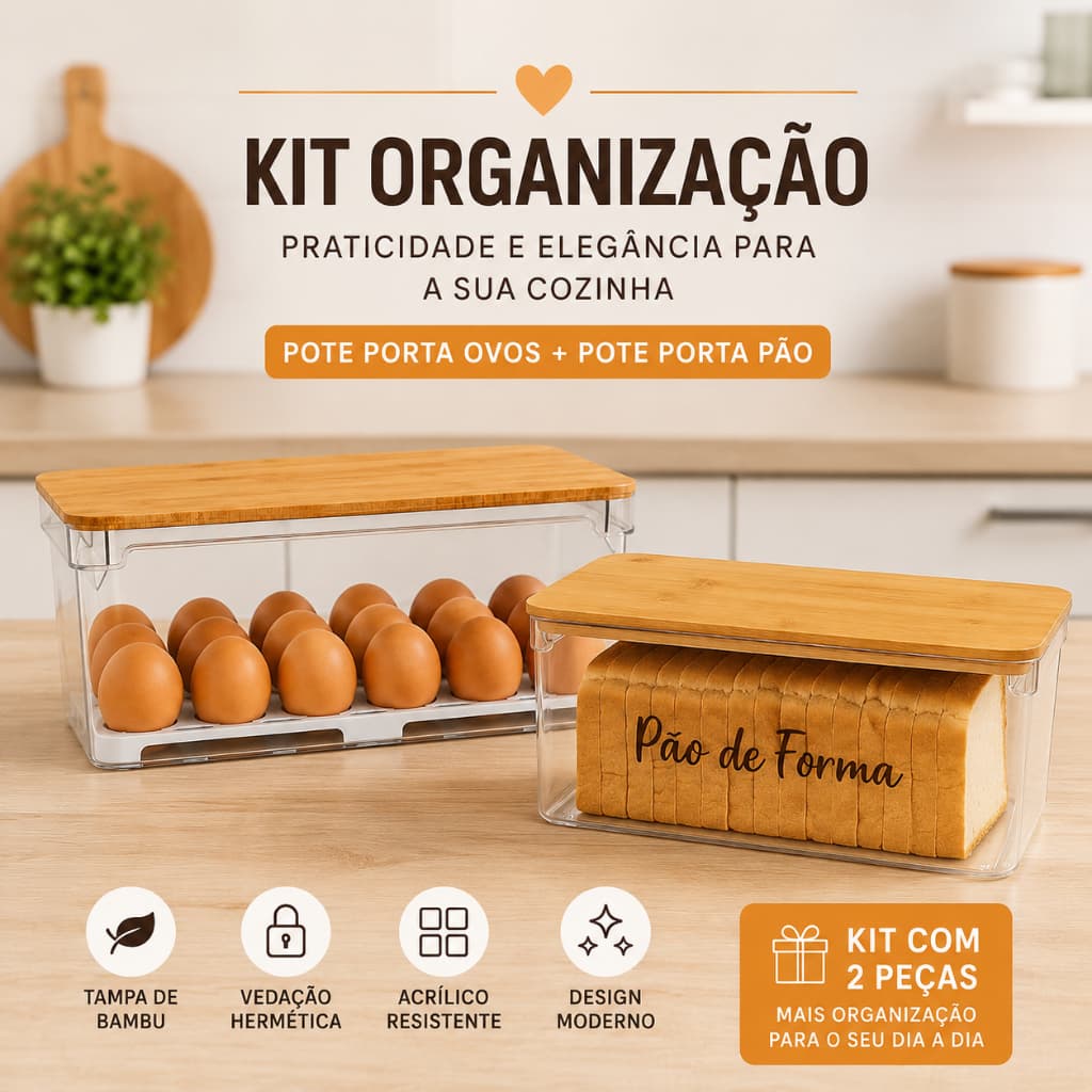 Kit Porta Pão e Porta Ovos 42 unidades com Tampa de Bambu Acrílico