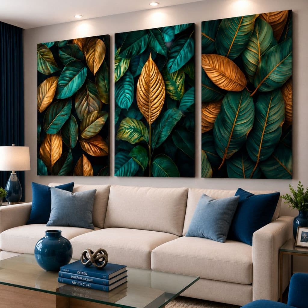 Kit 3 Quadros Decorativos Folhas Verde Dourado Luxo Grande Sala Quarto Moderno Abstrato Folhagem Tropical Natureza mdf