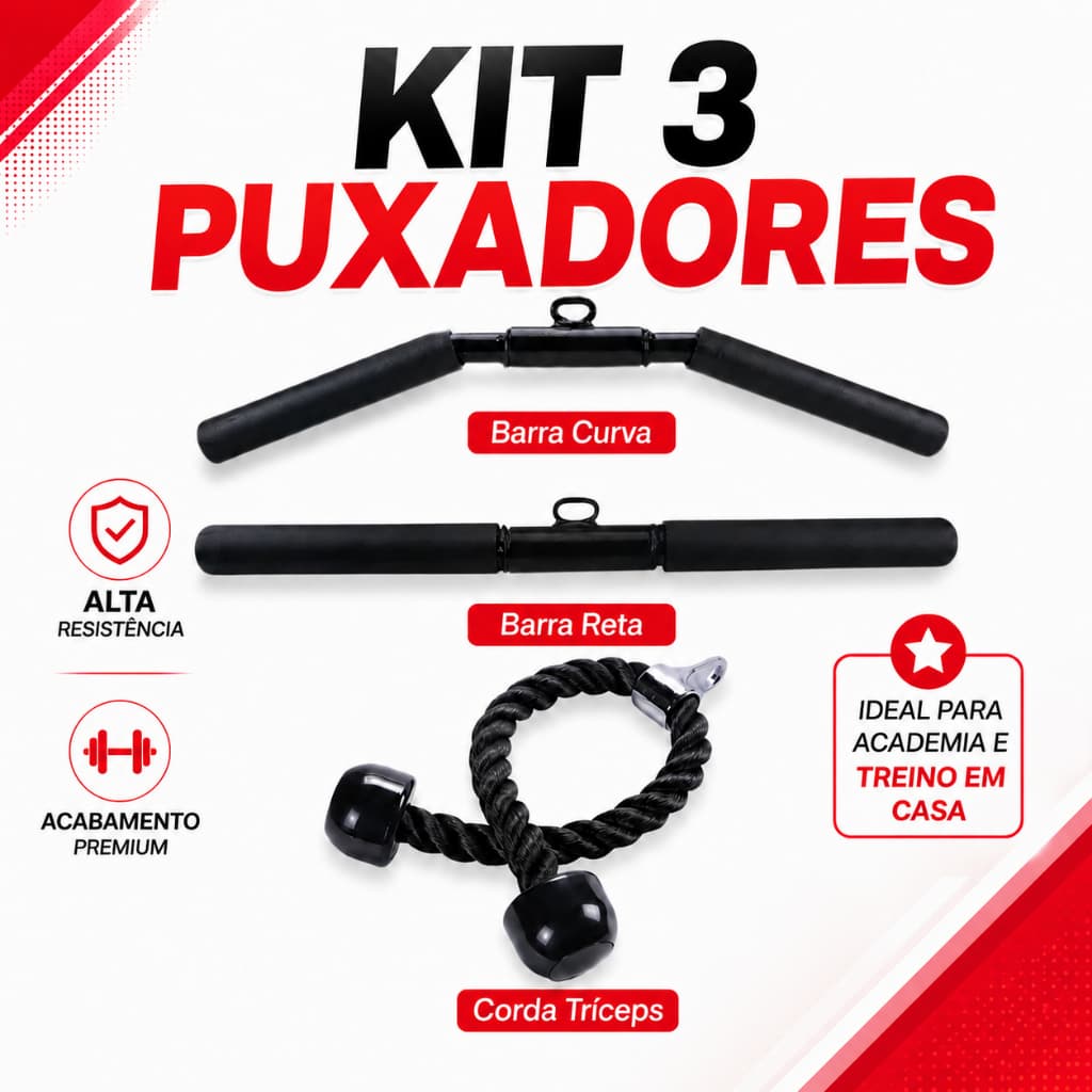 Kit 3 Puxadores Barras Corda Tríceps Curvo Reto Academia Musculação Crossover Treino em casa Fitness