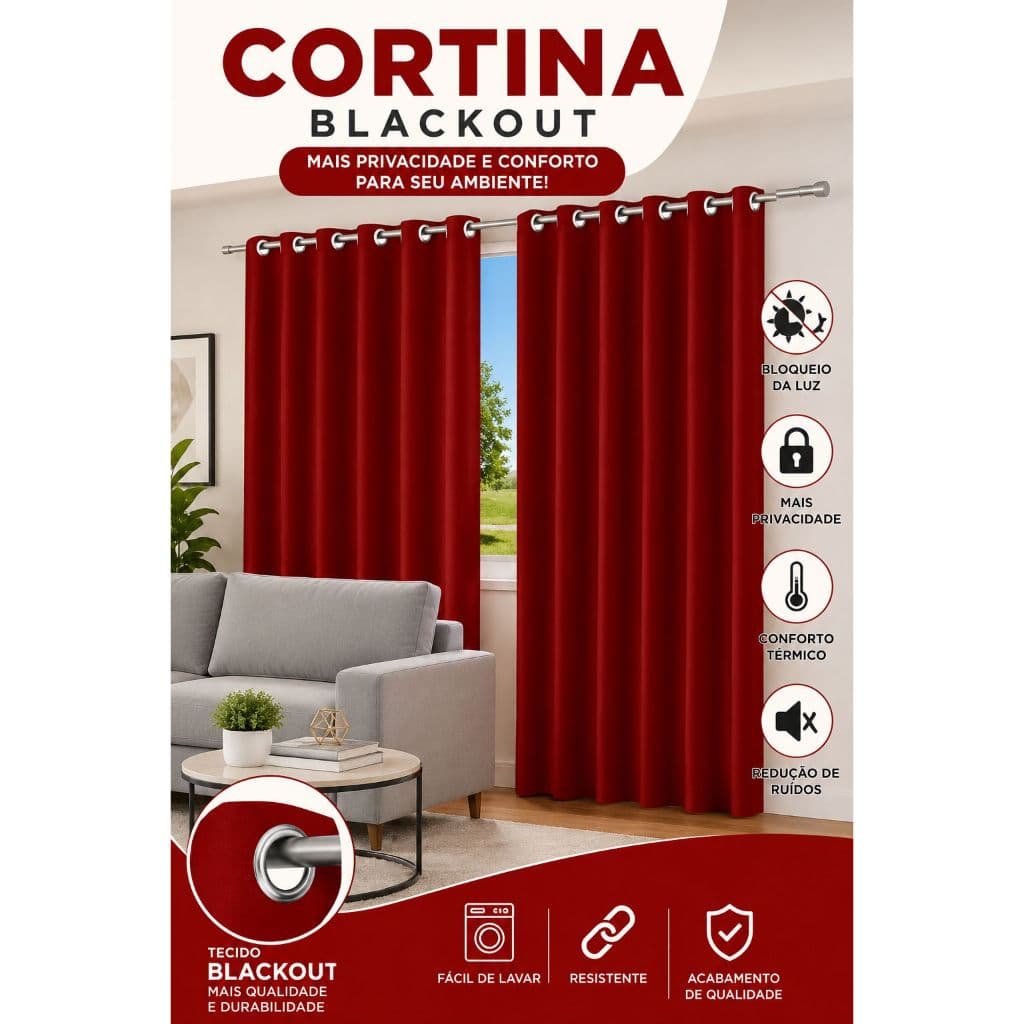 Cortina Blackout Dupla Camada Voil Vermelho Ilhos Bloqueio Luz Isolamento Termico 280x260cm ou 280mx220m