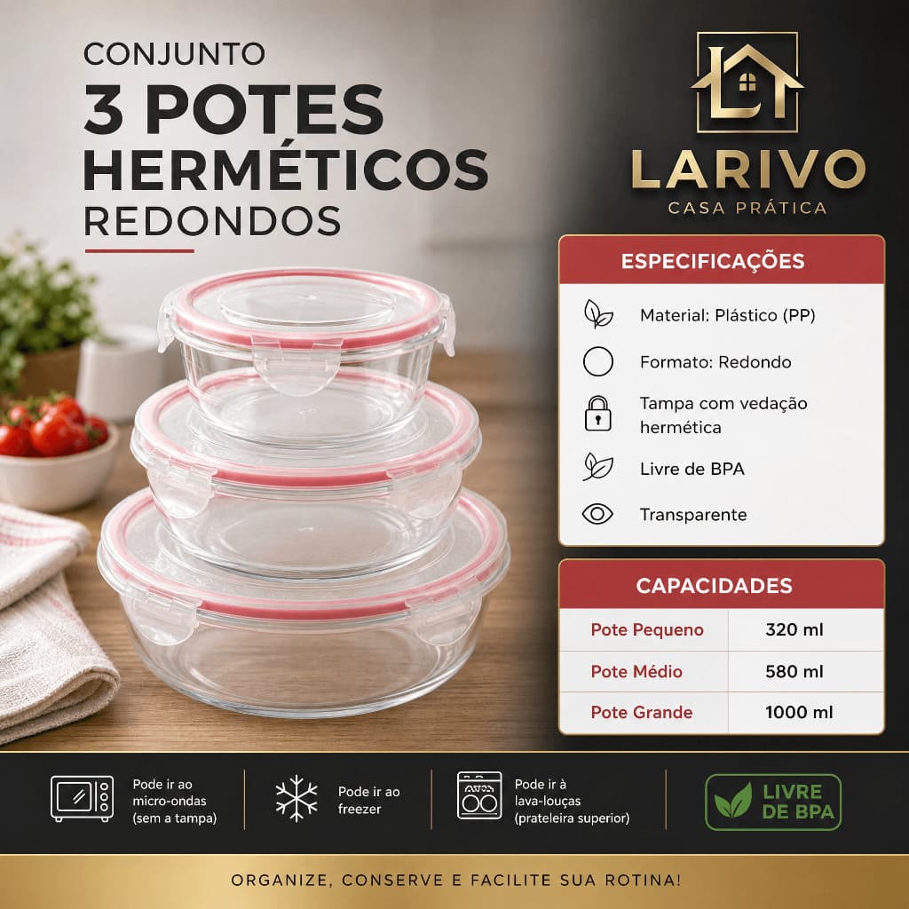Conjunto 3 Potes Hermeticos Multiuso Transparente Tampa Vedacao Segura Organizador