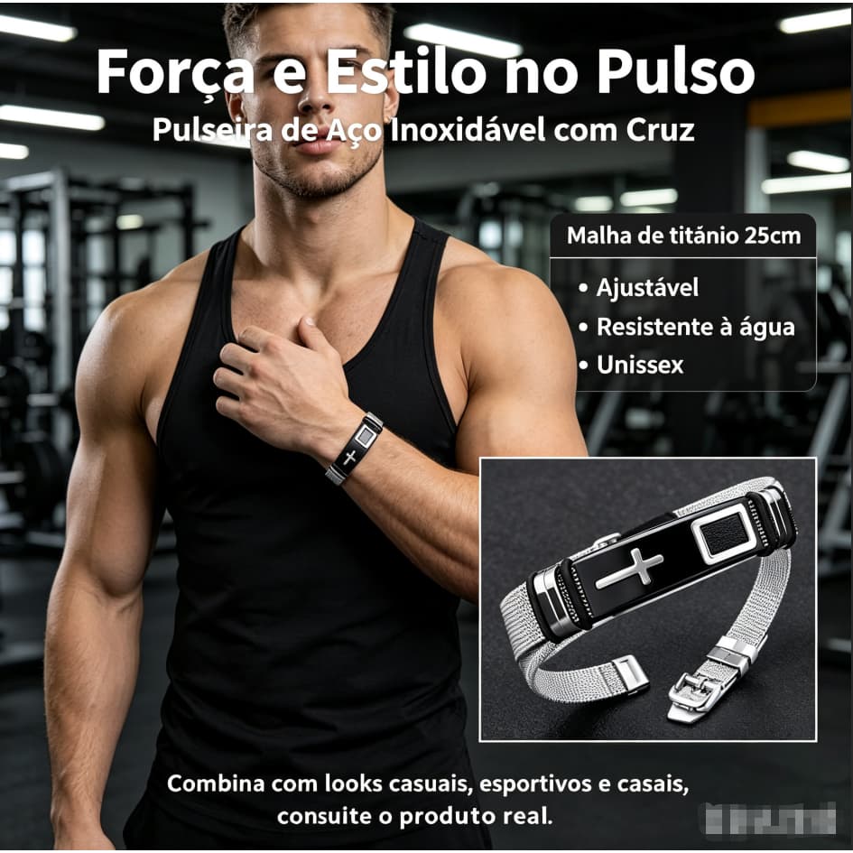 Pulseira Cruz em Aço Inoxidável Aço Titânio Ajustável 25cm Unissex para Casal