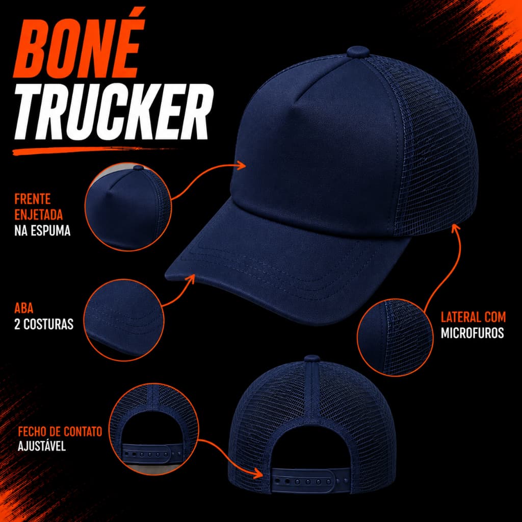 BONE LISO MARINHO ESPUMADO TRUCKER TELA Aba Curva Com Tela Ajustável Unissex Casual Premium Fabricação Própria