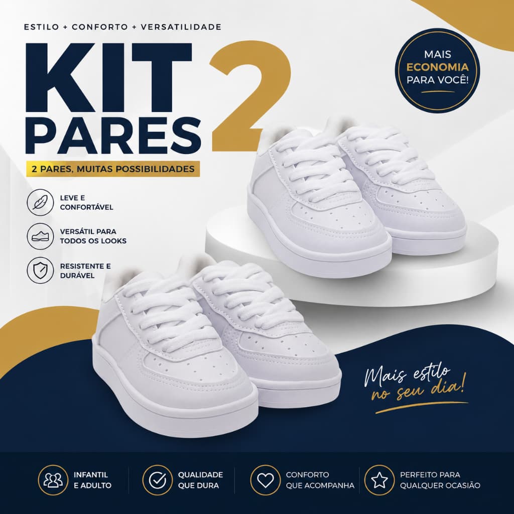 KIT 2 PARES Tênis Branco para Bebê e Infantil: Conforto Estilo do 18 ao 33, Ideal para Todas as Idades!