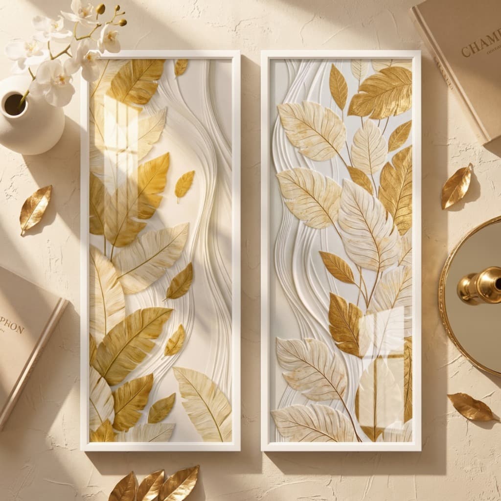 Smart Deco Kit 2 Quadros Decorativos Folhas Douradas 18x45 Sala Quarto Luxo Elegante Dourado Moderno