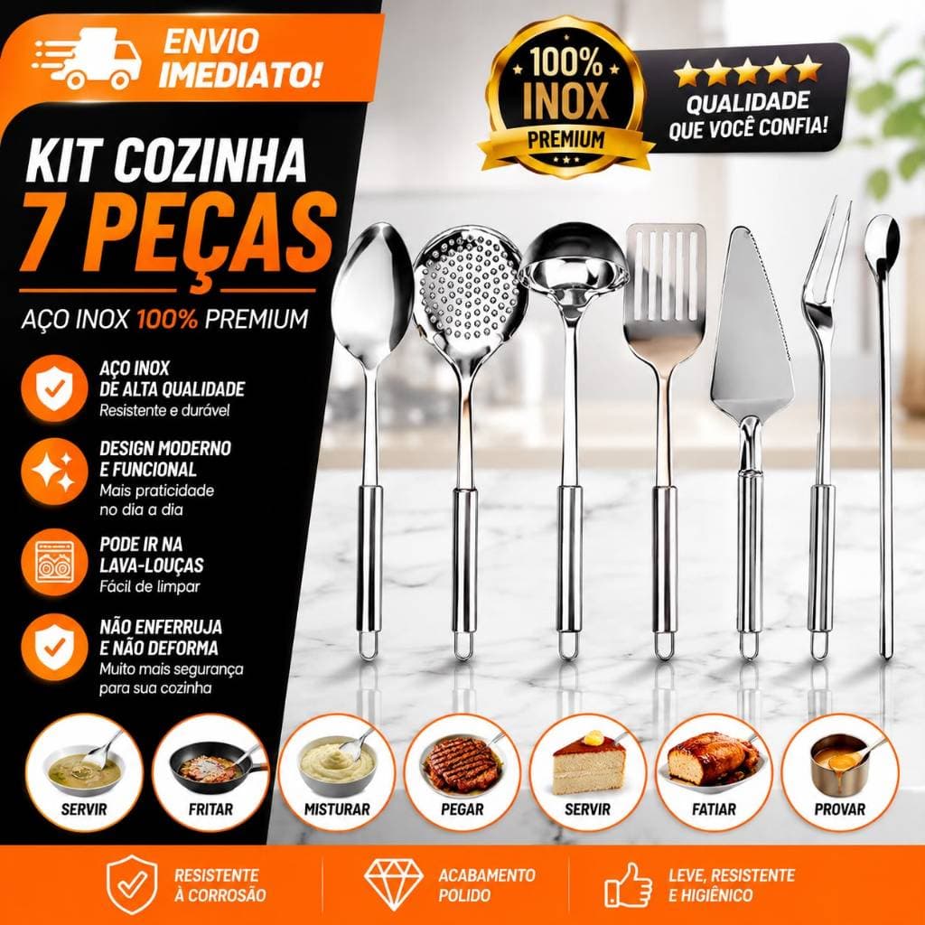 Kit 7 Utensílios Inox Colher Escumadeira Concha Espatula Colher Suco  Espatula Bolo Garfo Trinchante
