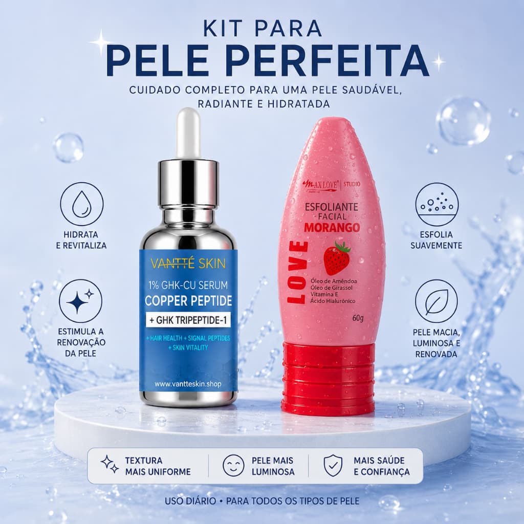 KIT Cu Copper Pept Sérum Hidratante E Firmador + ESFOLIANTE – Fornece Pele Elástica , Suave Refinada Com Absorção Rápida