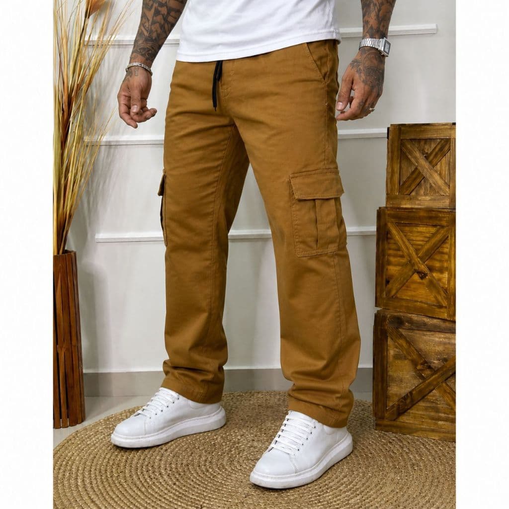 Calça Cargo Masculina com Elástico Sarja e Bolso Lateral
