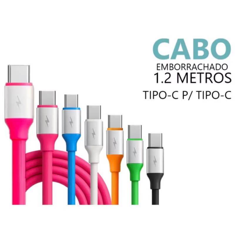 3 KIT Cabo Turbo Emborrachado Para Celular Tipo-C IPhone Resistente Colorido