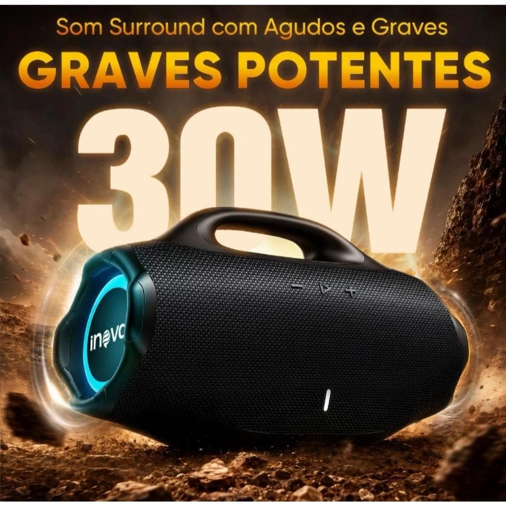 Boombox Caixa de Som Bluetooth 30W Potente IPX6 RGB TWS Bateria 3000mAh 8h Portátil USB TF