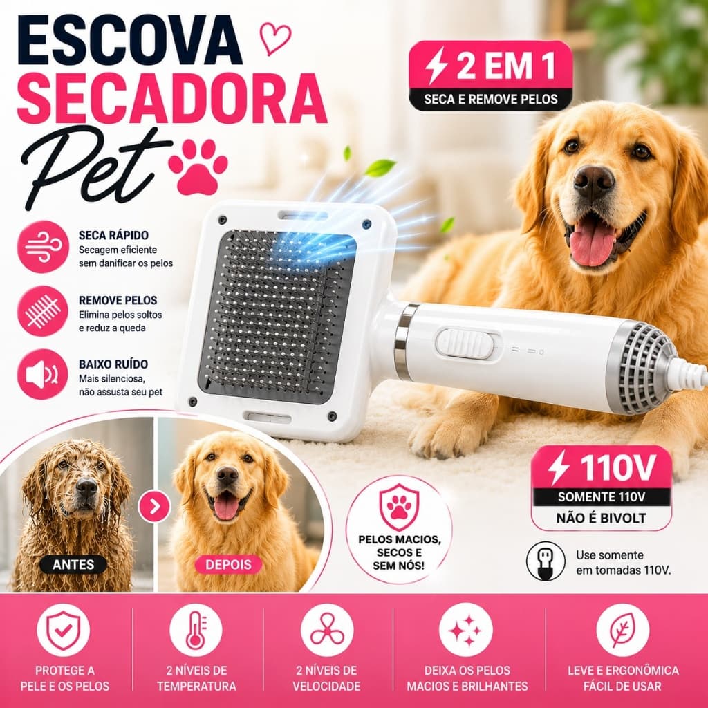 Escova Secadora 110V para Pets Cães e Gatos Secagem Rápida Remove Pelos Baixo Ruído