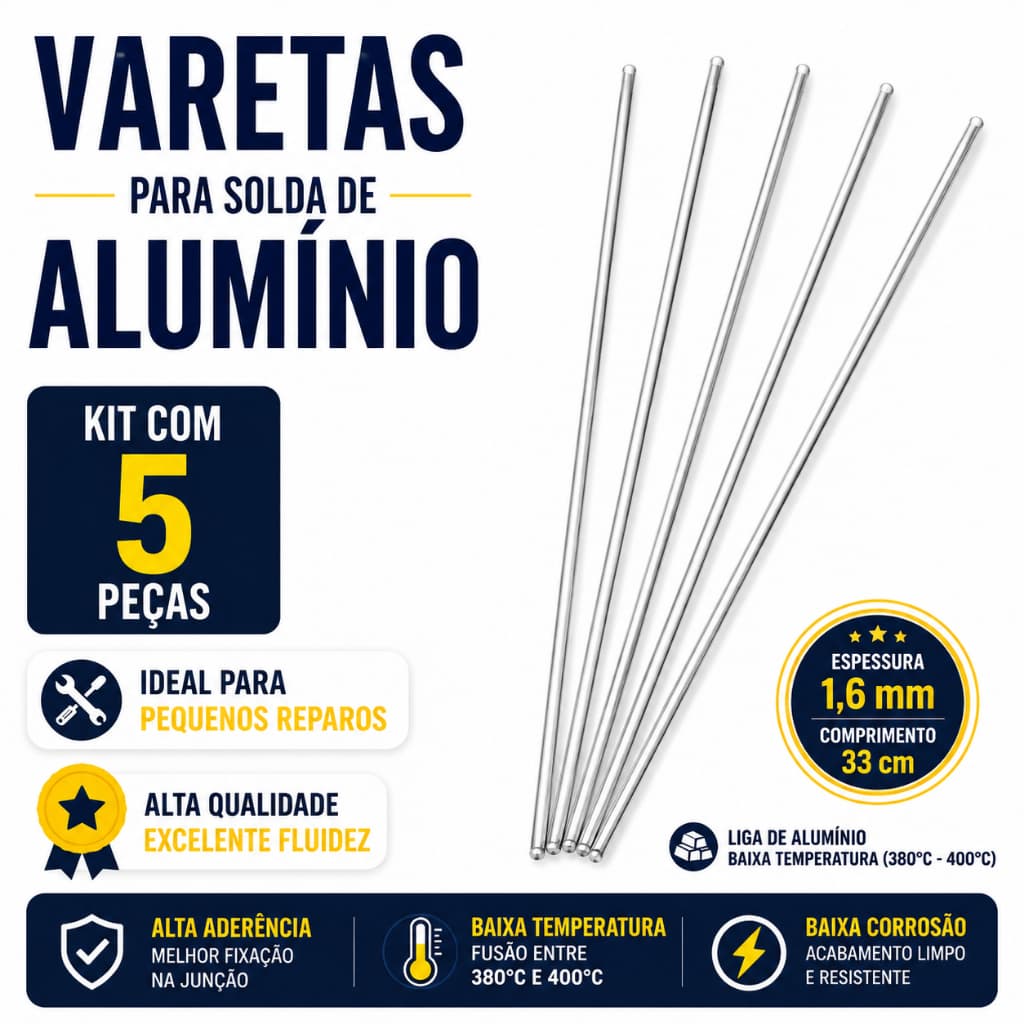 Kit 5 Varetas de Solda para Alumínio 1,6mm | Solda de Baixa Temperatura | Reparo Rápido
