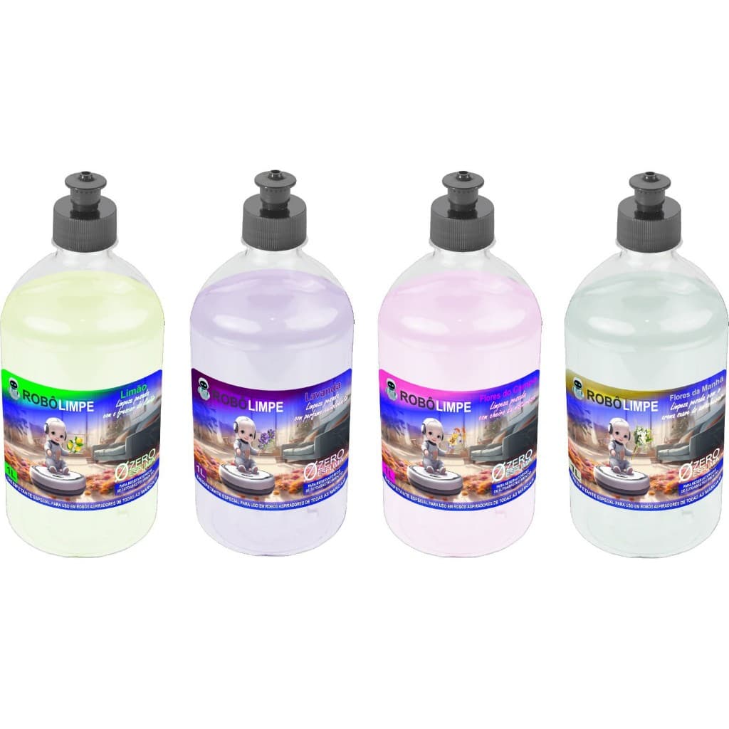 Kit 4 LitrosROBÔLIMPE Zero Espuma 4 Fragrâncias Desinfetante Germicida Bactericida p/ Robô Aspirador de todas as marcas