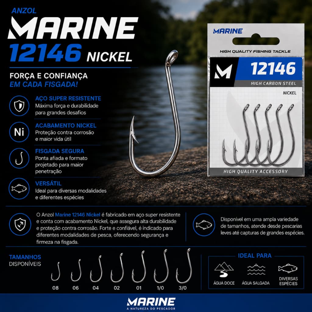 Anzol de pesca, modelo 12147, marca Marine Sports, acabamento em Nickel (prata) - Vários Tamanhos