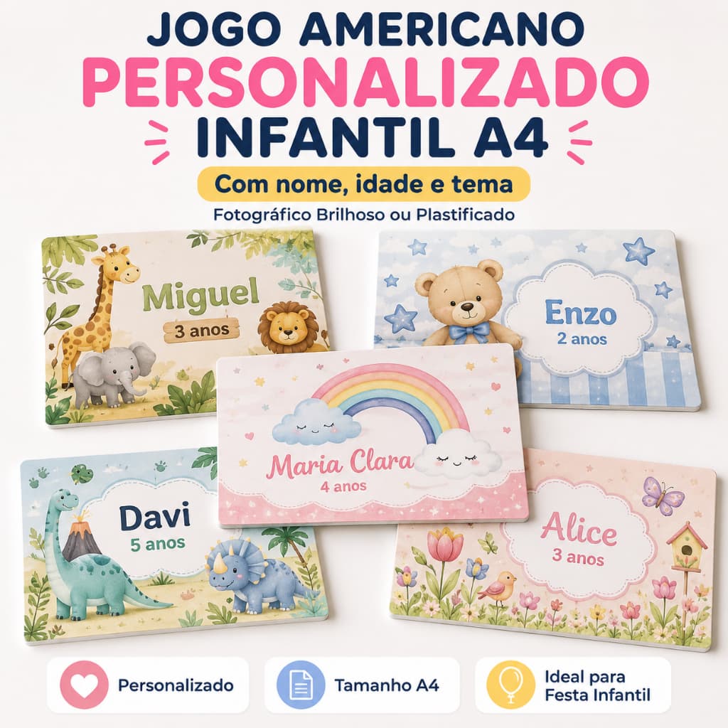 Jogo Americano Personalizado Infantil A4 Para Festa Aniversário Com Nome