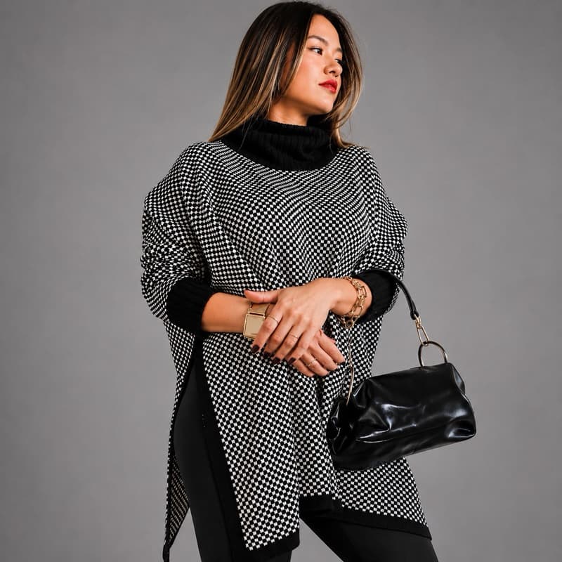 Poncho Feminino Tricô Xadrez Gola Alta Manga Longa Inverno Casaco Blusão Elegante