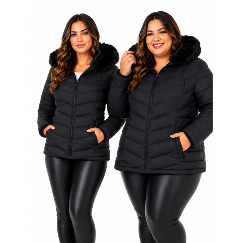 Jaqueta Puffer Feminina Peluciada Impermeável com Capuz Inverno Premium P ao G5