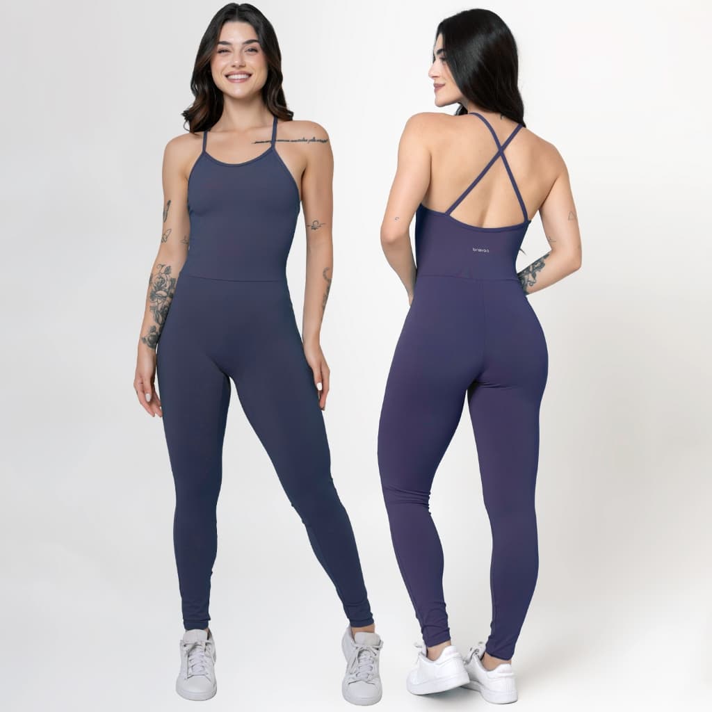 Macacão Longo Feminino Zero Transparência Cruzado Suplex Blackout Roupa Fitness Premium 026