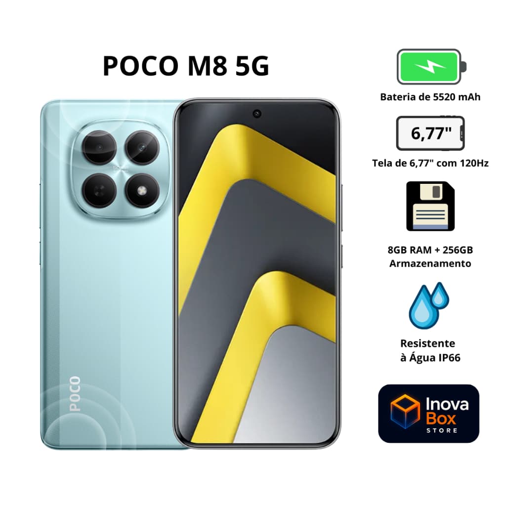 Smartphone POCO M8 5G 256GB/512GB Snapdragon 6 Gen 3 Tela AMOLED 120Hz Câmera 50MP NFC 5G