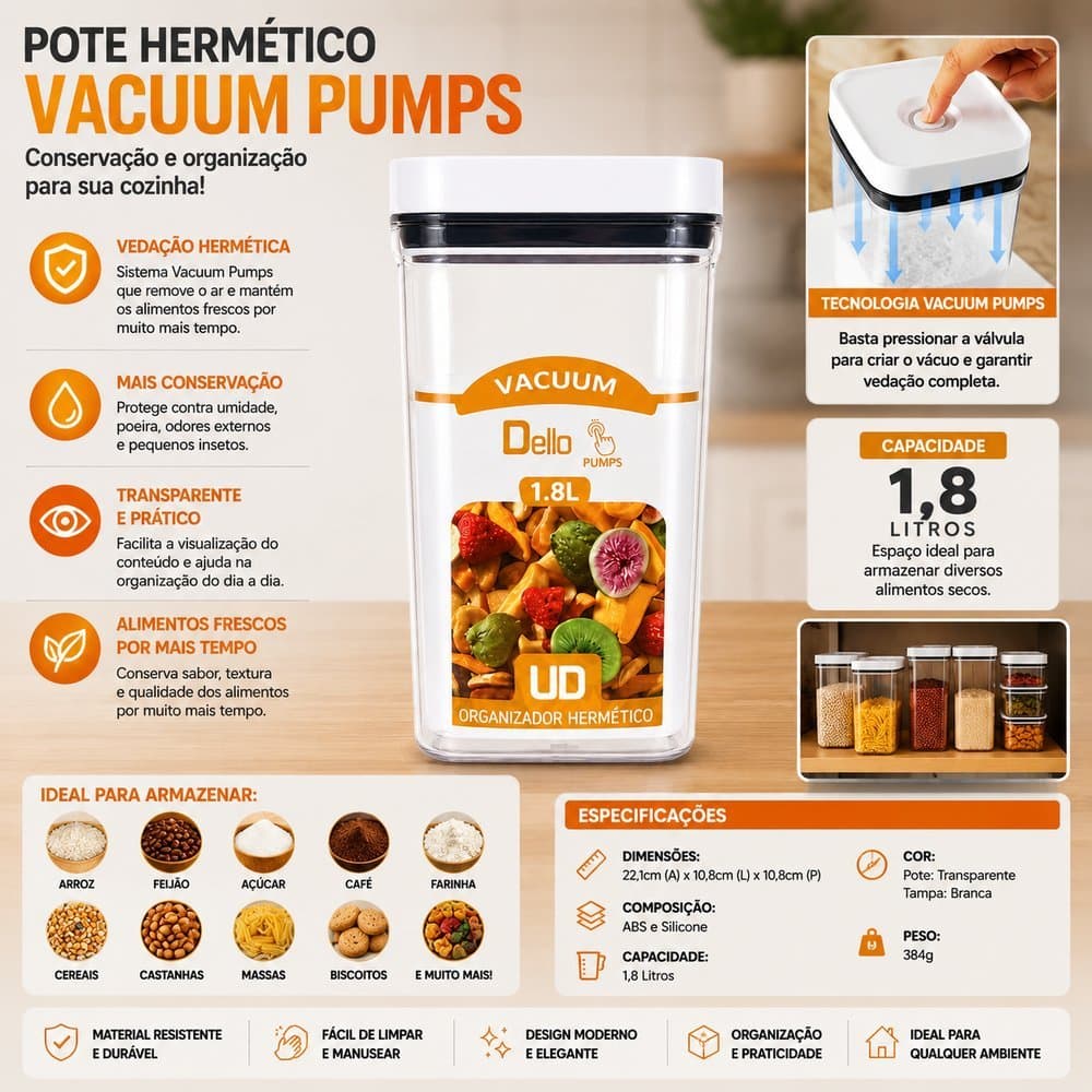 Pote Hermético Retangular Pumps 1,8 Litros
