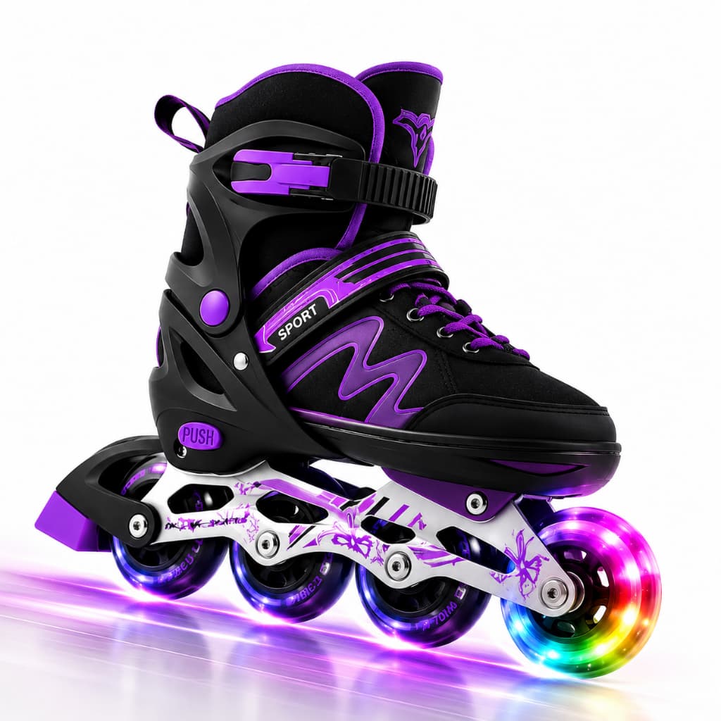 Patins Infantil inline Sport LED nas Roda Dianteira - Preto/Roxo Regulável, Semiprofissional