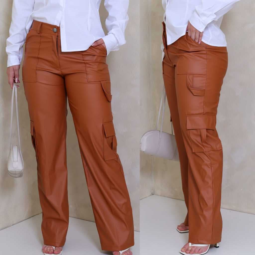 Calça Wide Leg Cargo Pantalona Couro Reta Moda Outono Inverno