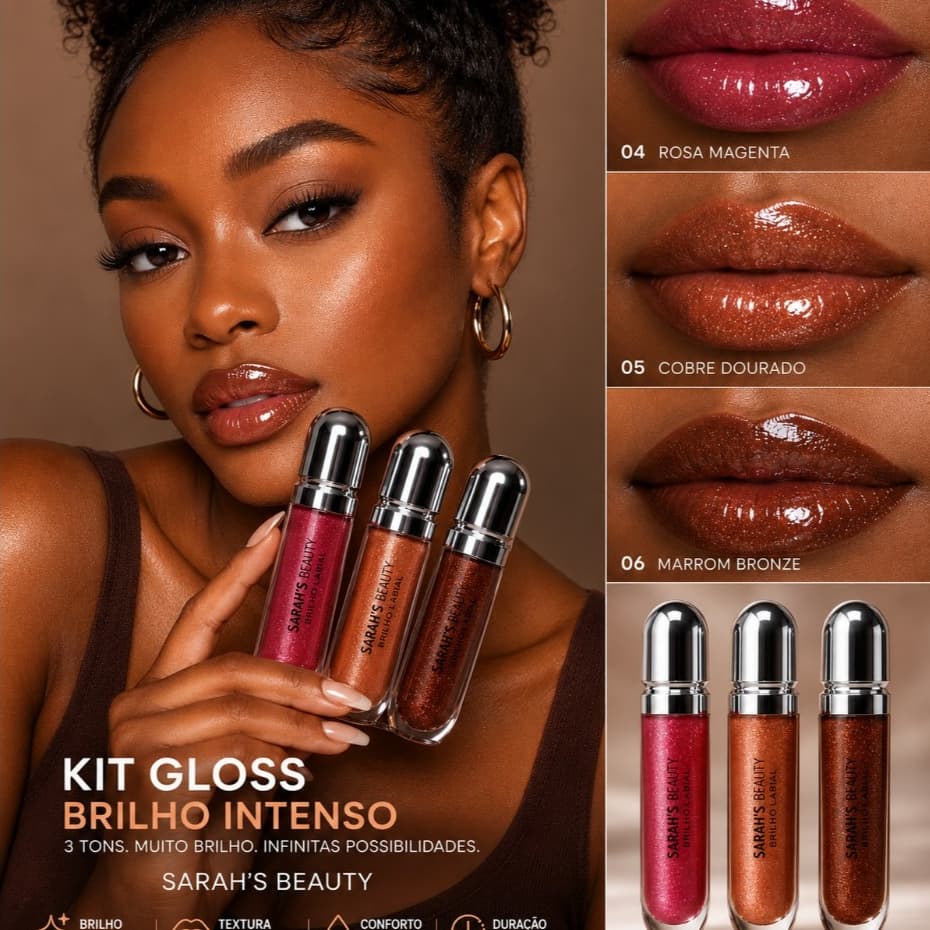 Sarah's Beauty Combo 3 Unidades Brilho Labial Gloss Brown Collection Tons Marrons Variados Brilho Intenso Envio Rápido