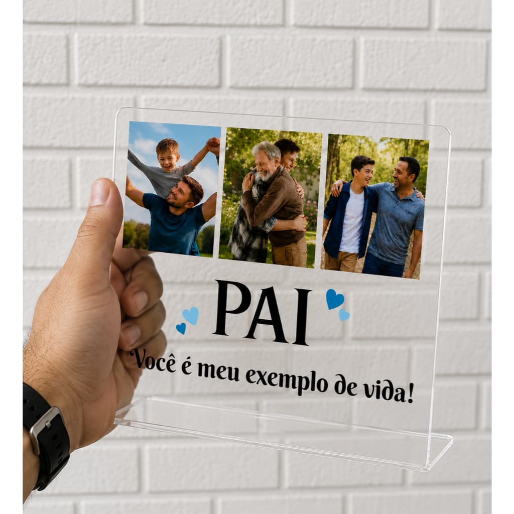 Placa Dia Dos Pais, em Acrilico com 3 Fotos e Uma Frase Personalizada, Presente Dia Dos Pais, Papai