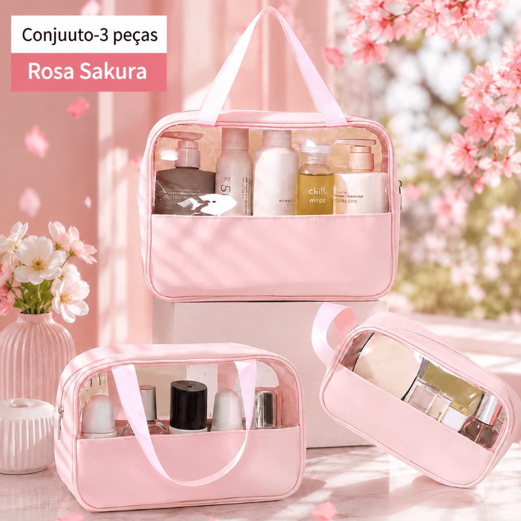 Conjunto de três peças: bolsa de maquiagem transparente e minimalista com costura em patchwork, bolsa de higiene pessoal