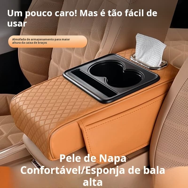 Suporte de Braço Multifuncional 4 em 1 para Carro com Porta-Copos e Porta-Lenços em Couro PU