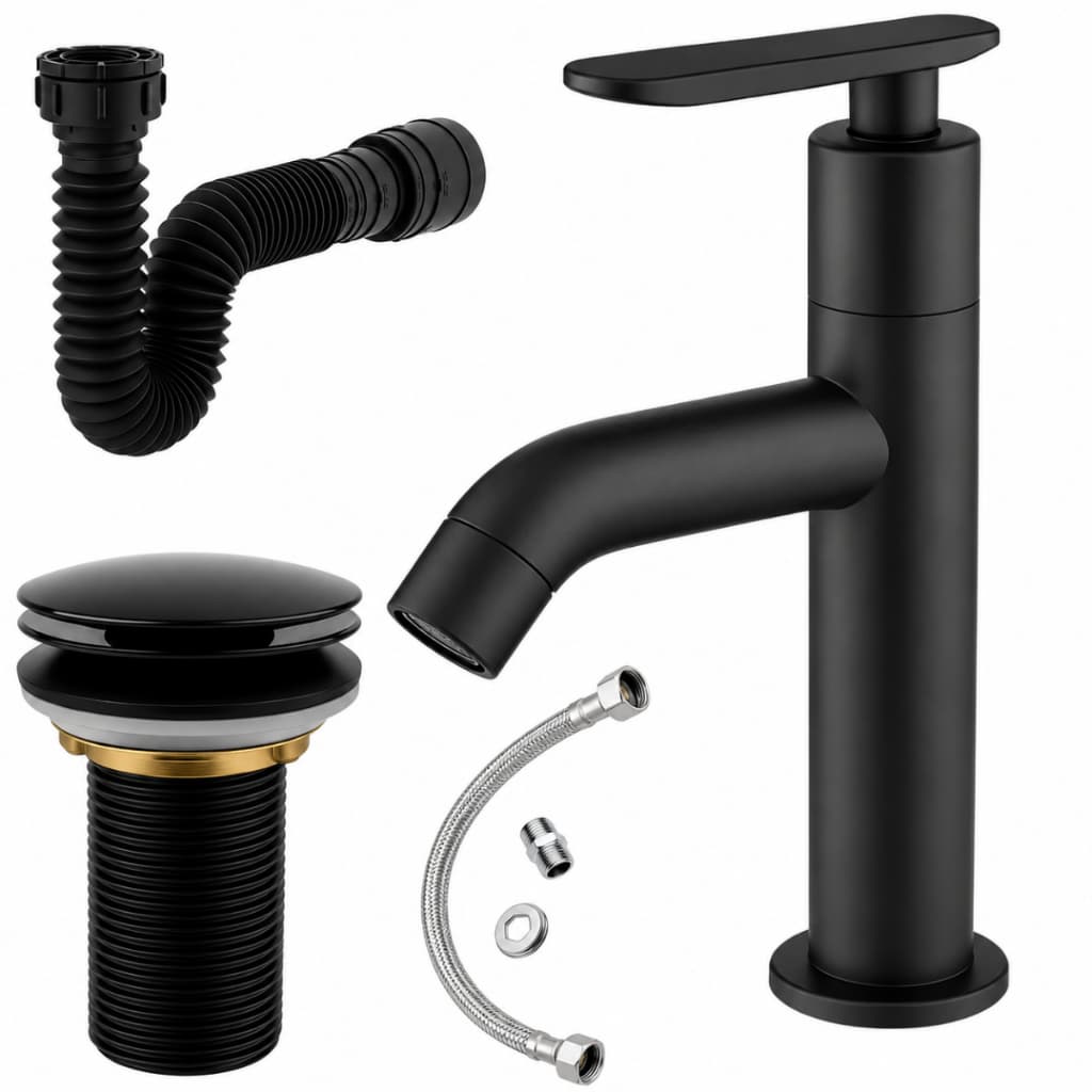Kit Torneira Banheiro Bancada Bica Alta ABS Preta+ Ralo Válvula click 7/8+ Sifão+Engate 40CM