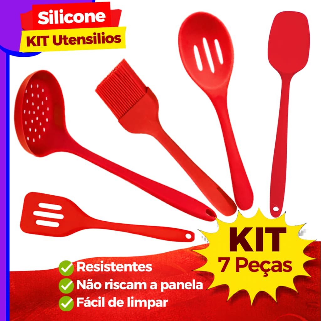 Conjunto Cozinha 5 Peças Colher, Espátula Vazada, Colher para Arroz, Escumadeira, Pincel Cor Vermelho