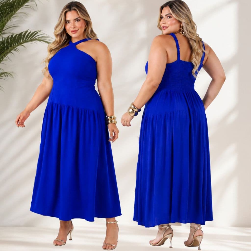 Vestido Longo Plus Size Feminino Decote Frente Única Elegante Alça Trabalhada Lastex nas Costas Veste do 48 ao 54.