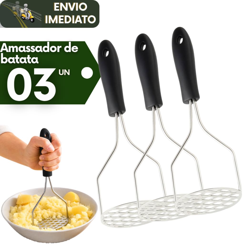 Kit 3 Espremedor Triturador de Batatas Manual Inox Multiuso Amassador Purês Legumes Ideal Cozinhas