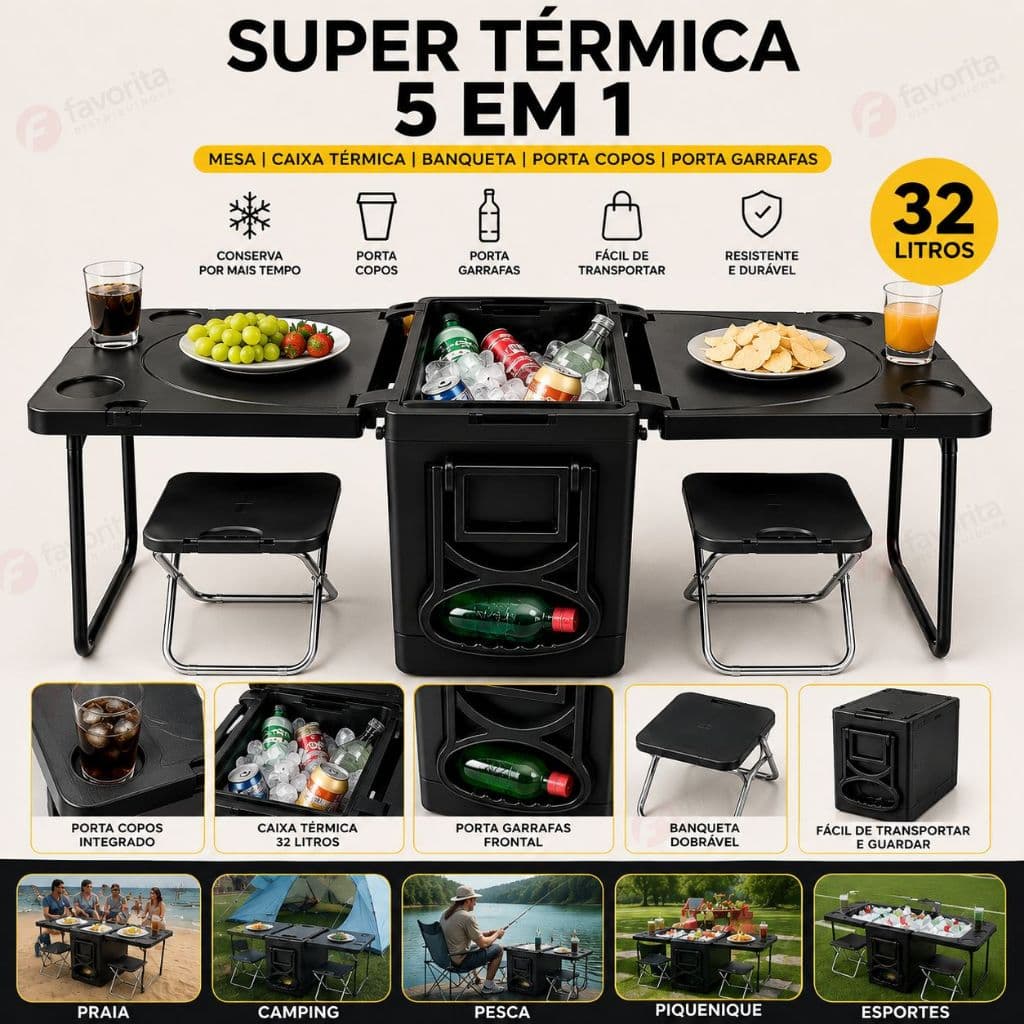 Caixa Térmica Multifuncional 5 em 1 32L All Black Mesa Dobrável com 2 Bancos TOY 26041